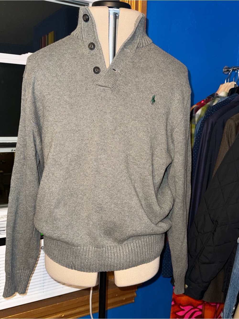 Polo Ralph Lauren Sweater Mens XL Gray Cotton Mock Neck Pullover Pony Vtg